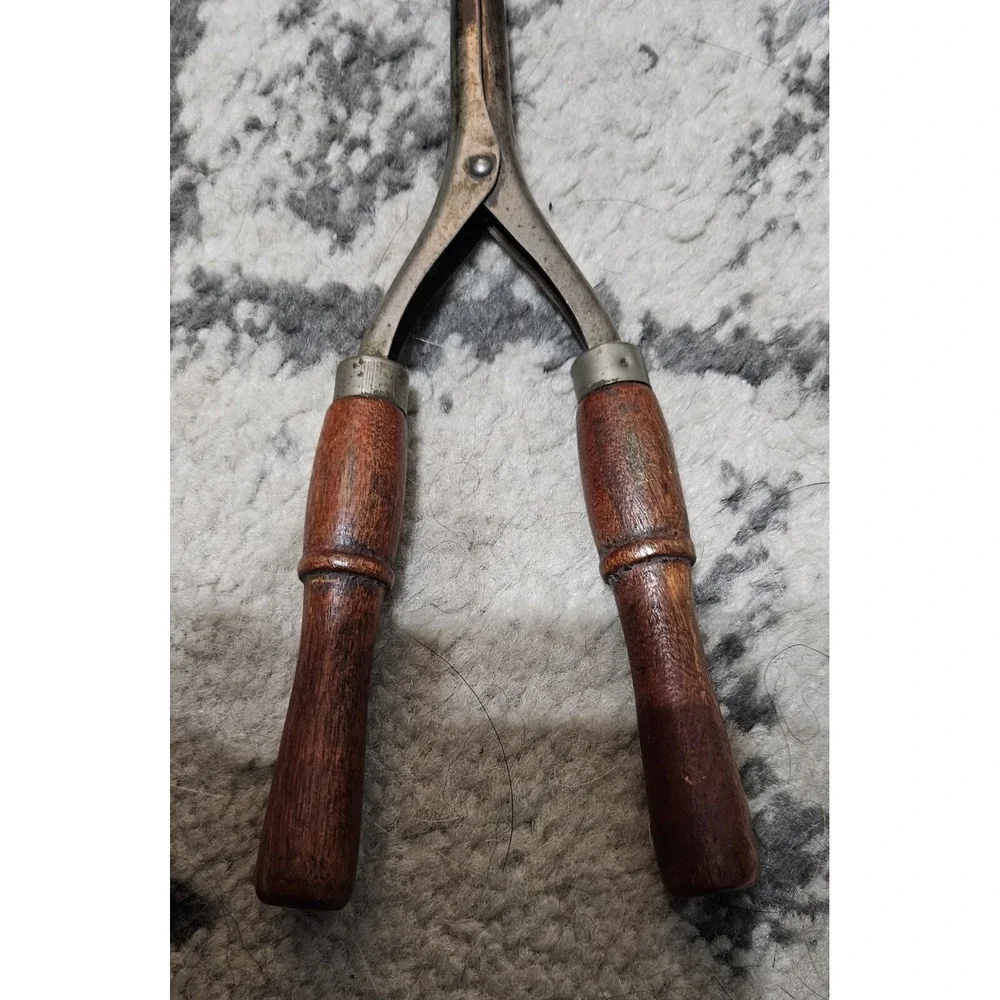 Antique 1920s Stove Heated Curling Iron with Wood Handles